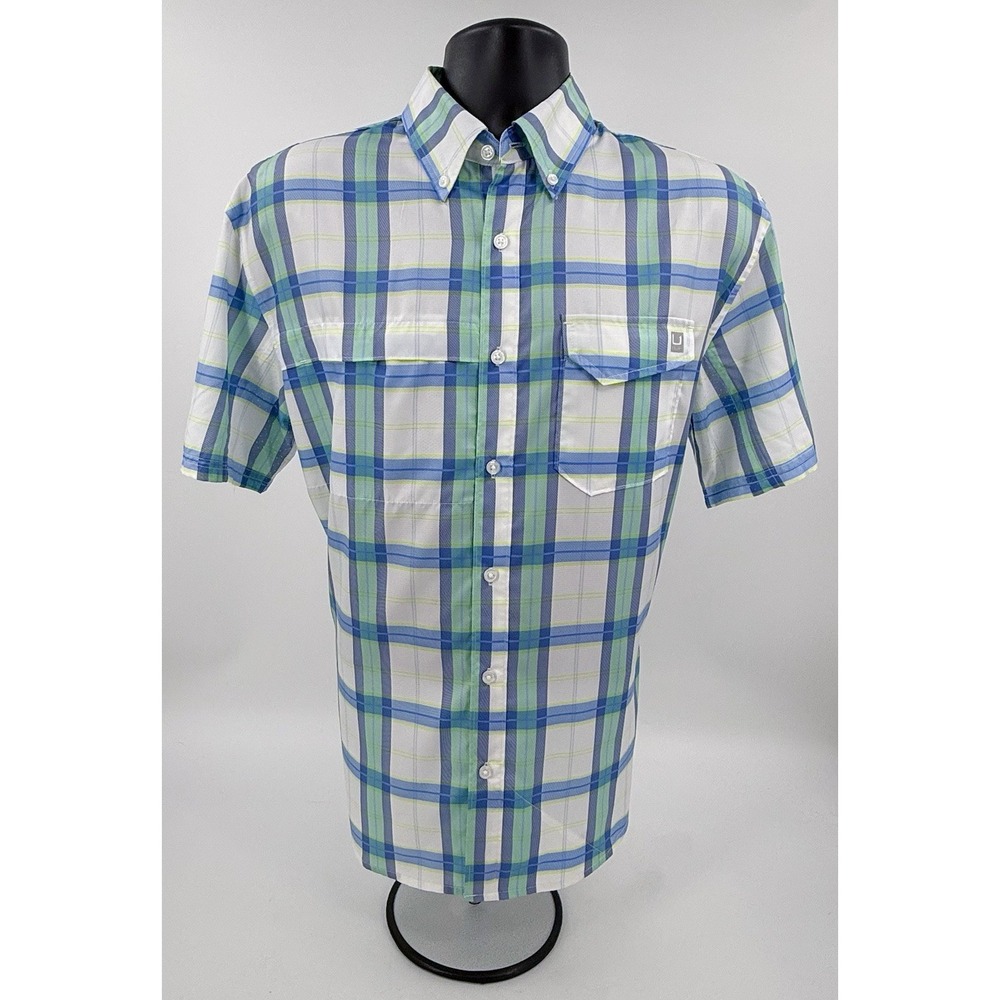 HUK "Latitude Tide Point" Short Sleeve Shirt Perforated Blue Plaid Mens Medium M